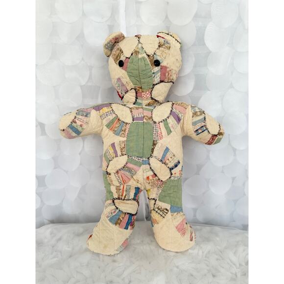 Vintage Teddybear PATCHWORK Calico Feedsack Hand Made Cotton Shabby Chic Country - Picture 1 of 11